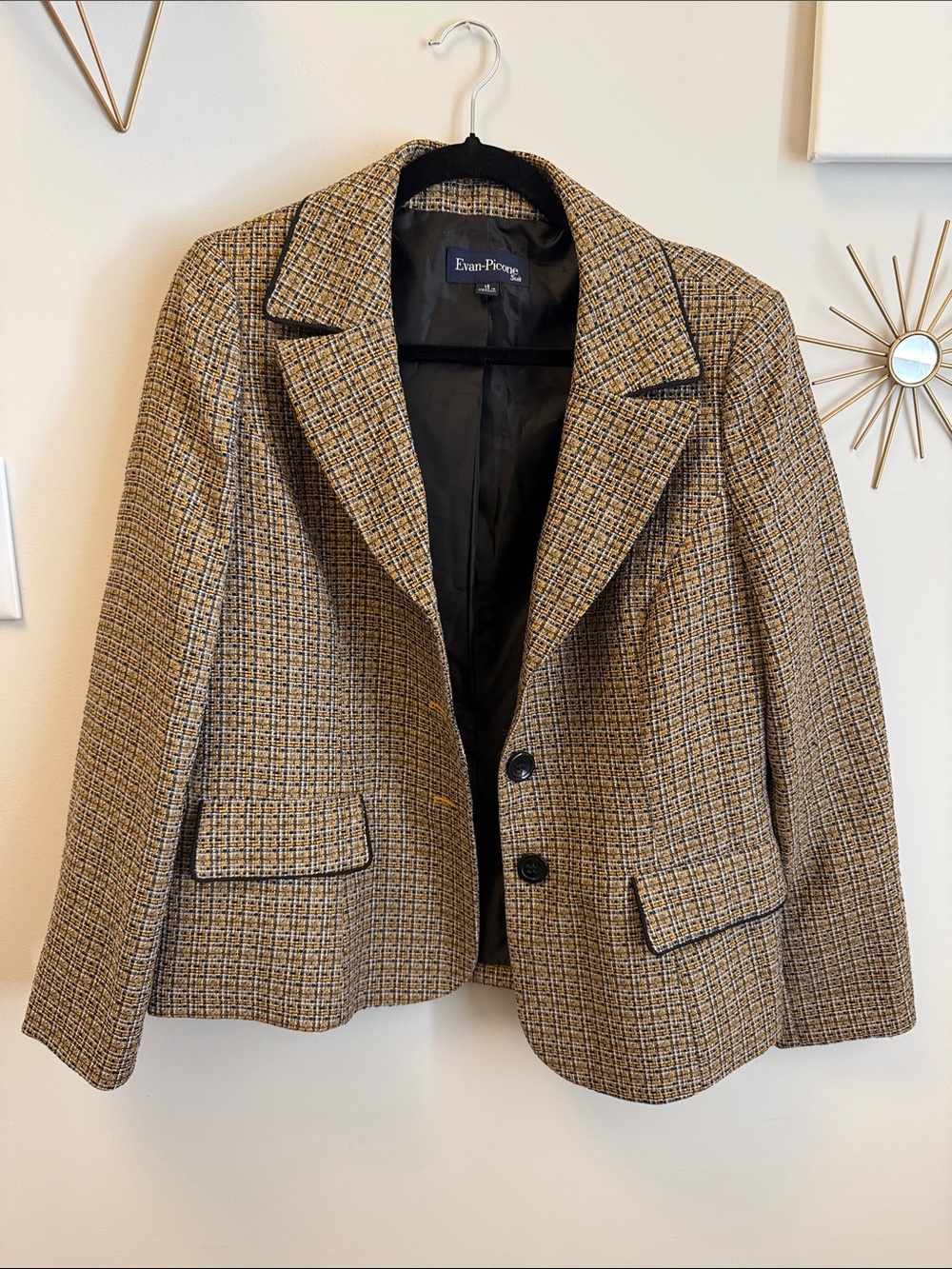 Evan Picone Tan Houndstooth Notch Lapel Blazer with Black Trim